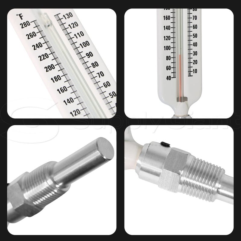 Supply Giant SH67-TT Hot Water Thermometer with Straight Angle Steel Thermowell, 1/2" NPT Mount, 40-280 F, Organic Liquid Filled Tube - Image 4